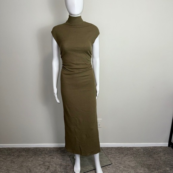 Commense Dresses & Skirts - Commense Olive Green Mock Neck Sleeveless Midi Dress Ruched Bodycon Size S